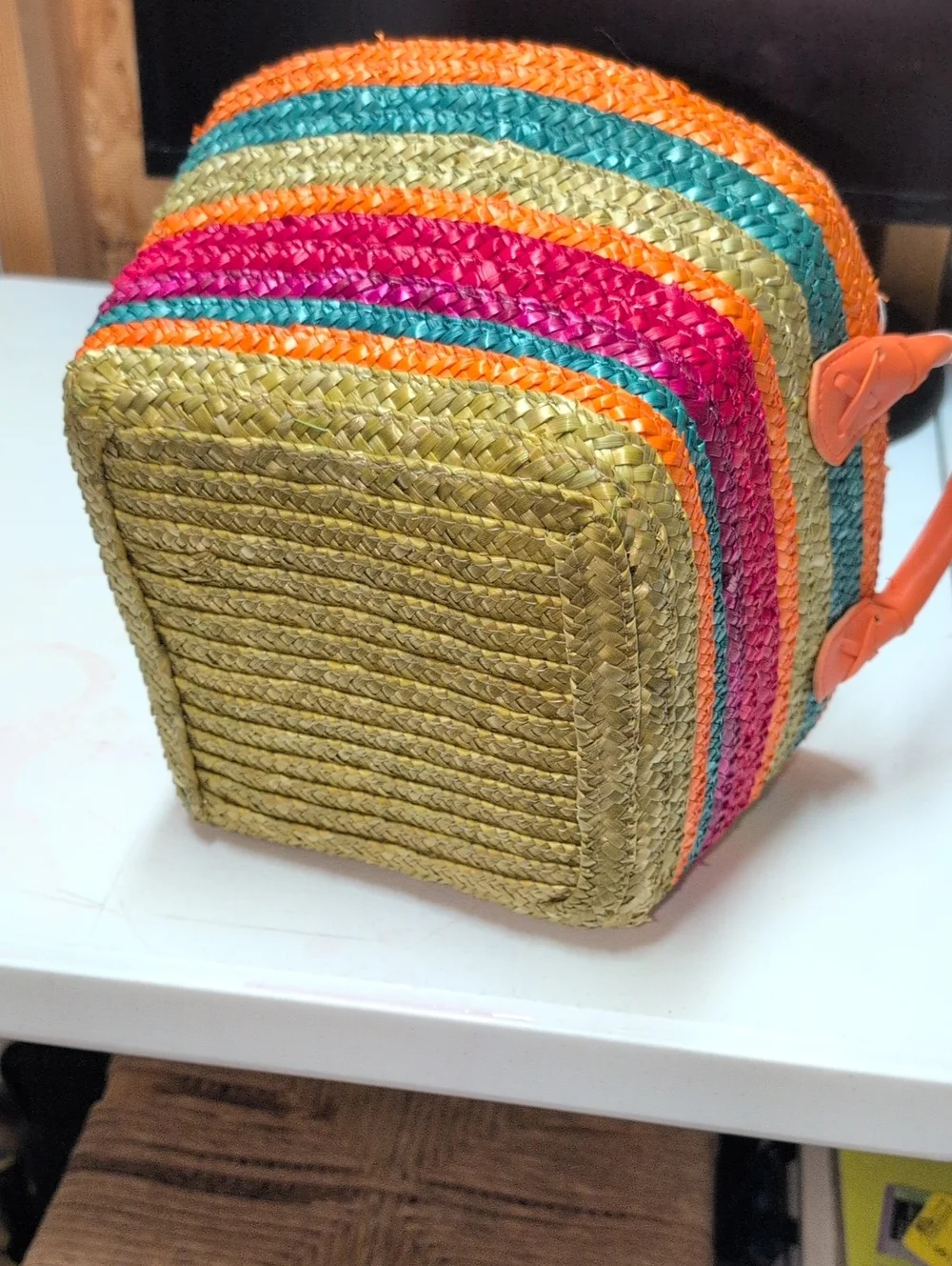 Bright Orange Multicolor  Square Woven Storage Basket -